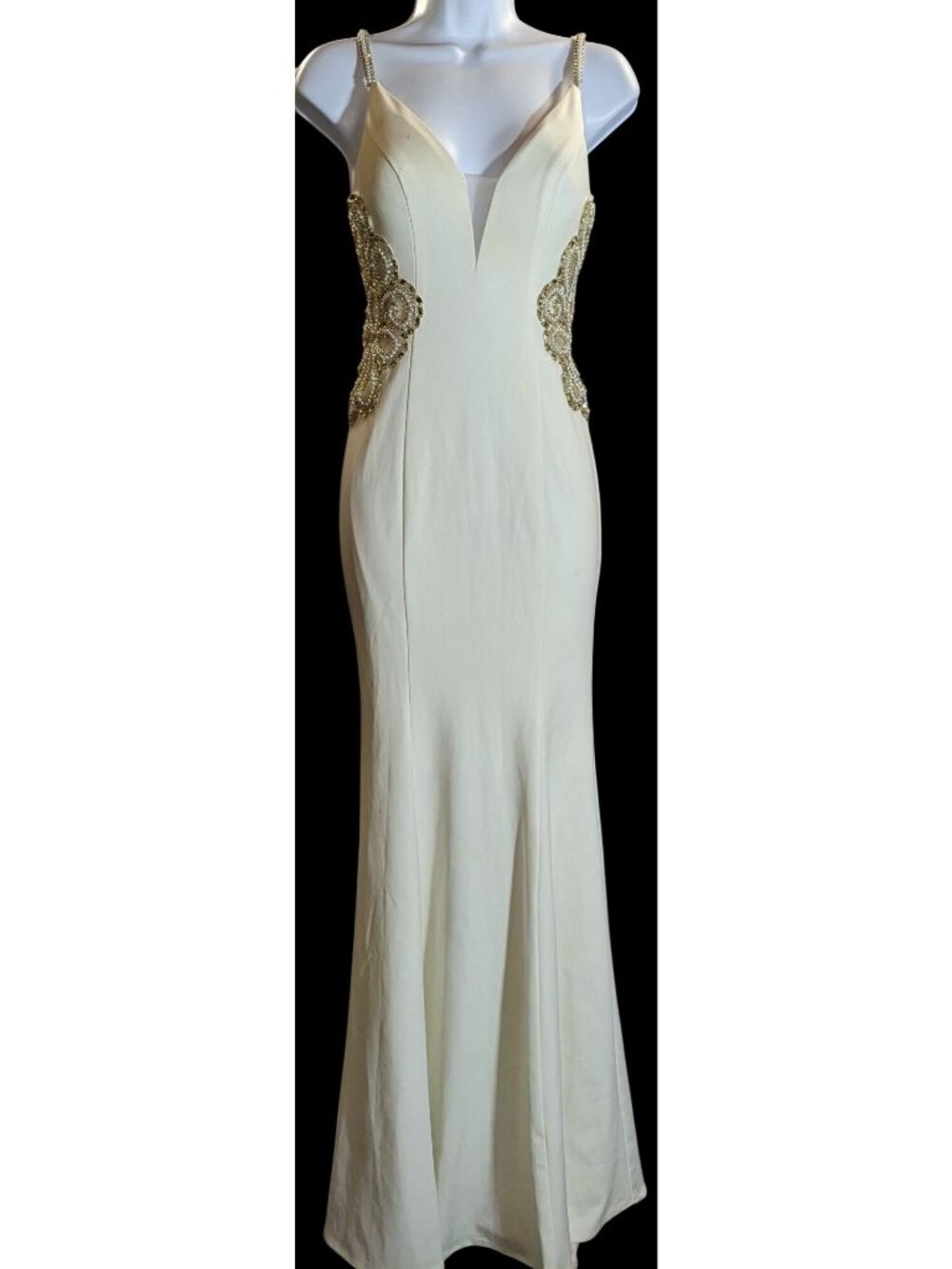 Cream Fishtail Gown With Gold Embellished Straps & Beaded Cutout Waistline - XS
